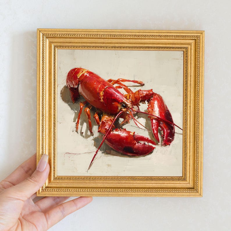 Mini Lobster Oil Painting in Gold Frame, Still Life Art Gift for Wall Decor Lover and Foodie, Original Painting for Coastal Kitchen Decor