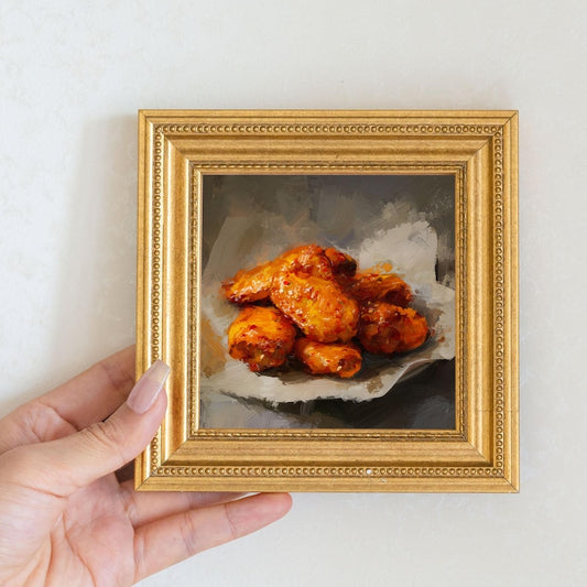 Fried Chicken Wing Oil Painting in Gold Frame, Still Life Art Gift for Wall Decor Lover and Foodie, Original Painting for Kitchen Decor