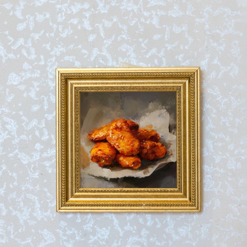 Fried Chicken Wing Oil Painting in Gold Frame, Still Life Art Gift for Wall Decor Lover and Foodie, Original Painting for Kitchen Decor
