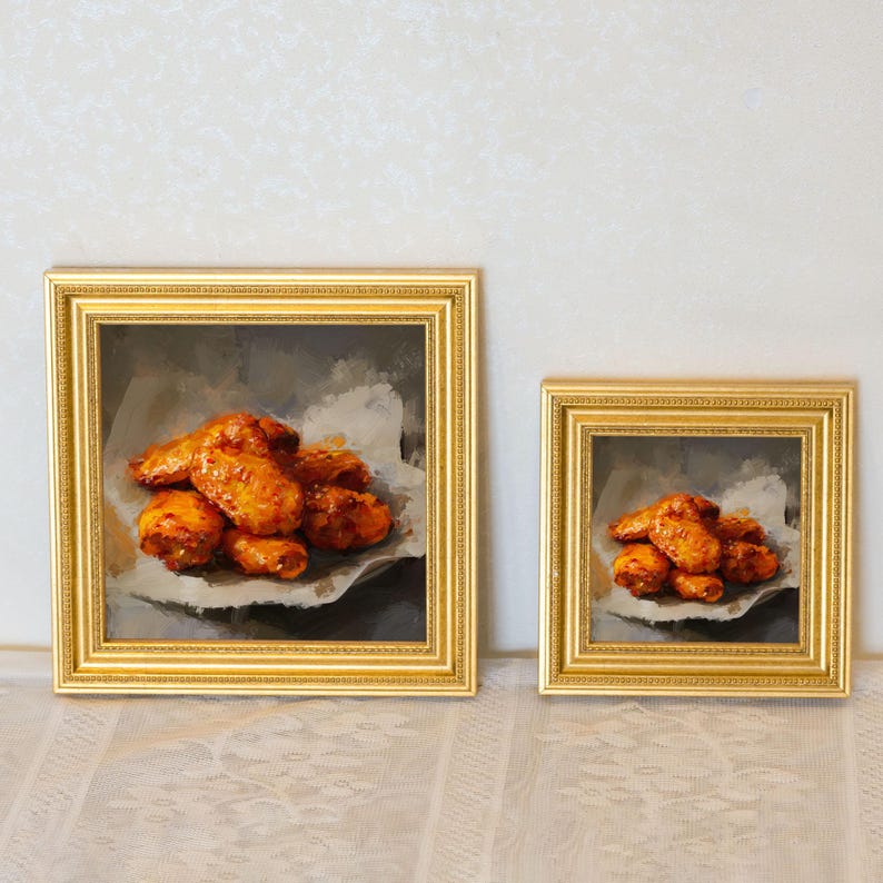 Fried Chicken Wing Oil Painting in Gold Frame, Still Life Art Gift for Wall Decor Lover and Foodie, Original Painting for Kitchen Decor