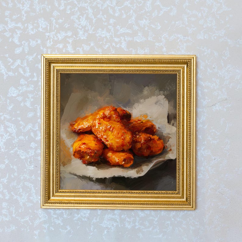 Fried Chicken Wing Oil Painting in Gold Frame, Still Life Art Gift for Wall Decor Lover and Foodie, Original Painting for Kitchen Decor