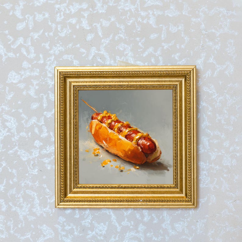 Mini Hot Dog Oil Painting in Gold Frame, Still Life Art Gift for Wall Decor Lover and Foodie, Original Painting for Kitchen Decor