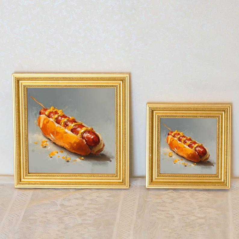 Mini Hot Dog Oil Painting in Gold Frame, Still Life Art Gift for Wall Decor Lover and Foodie, Original Painting for Kitchen Decor