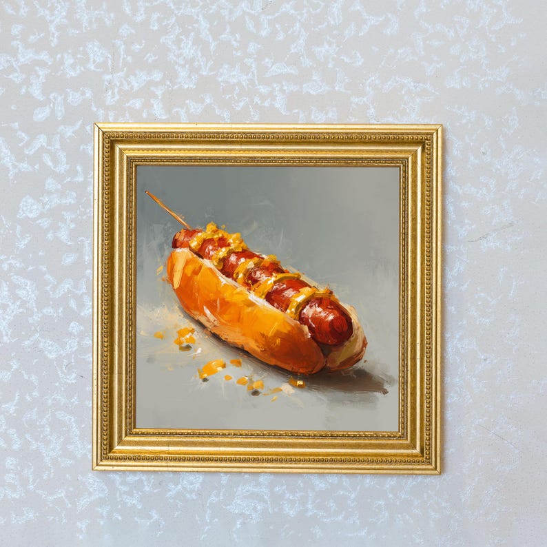 Mini Hot Dog Oil Painting in Gold Frame, Still Life Art Gift for Wall Decor Lover and Foodie, Original Painting for Kitchen Decor