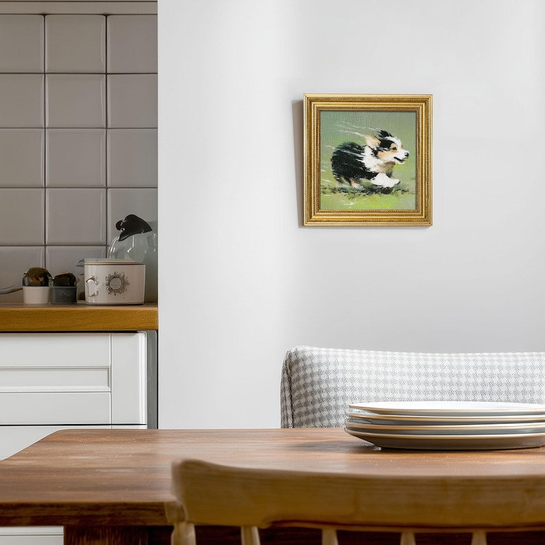 Mini Corgi Oil Painting in Gold Frame: Hand-Painted Dog Wall Art