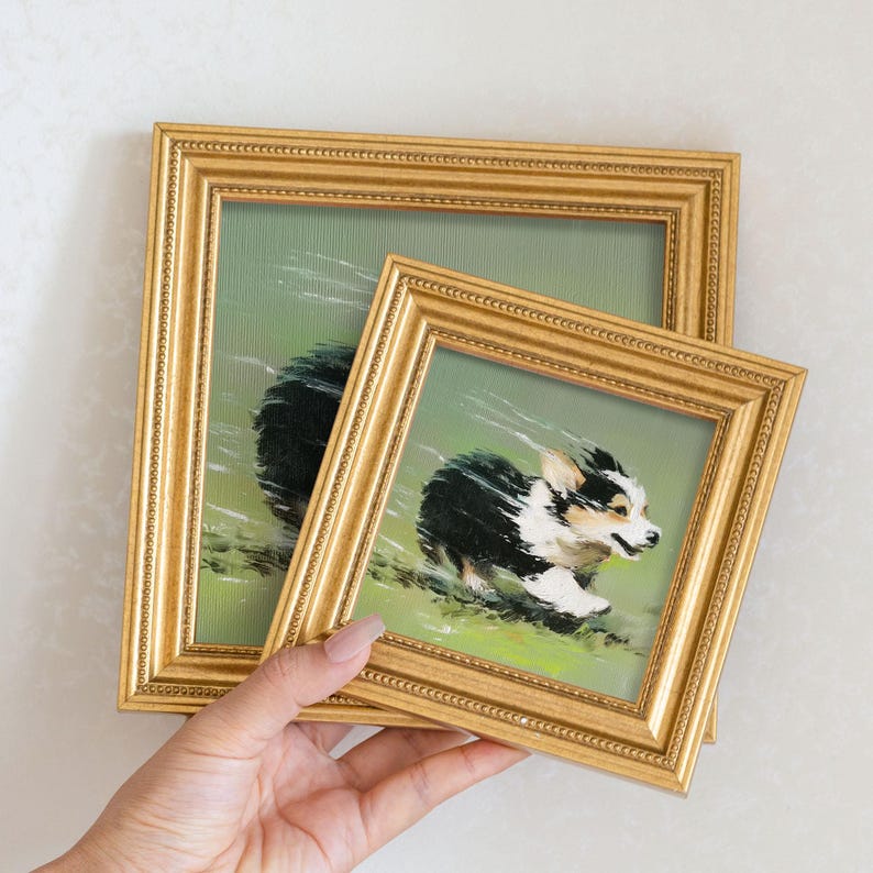 Mini Corgi Oil Painting in Gold Frame: Hand-Painted Dog Wall Art