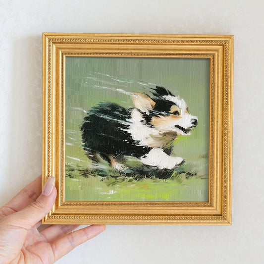 Mini Corgi Oil Painting in Gold Frame: Hand-Painted Dog Wall Art