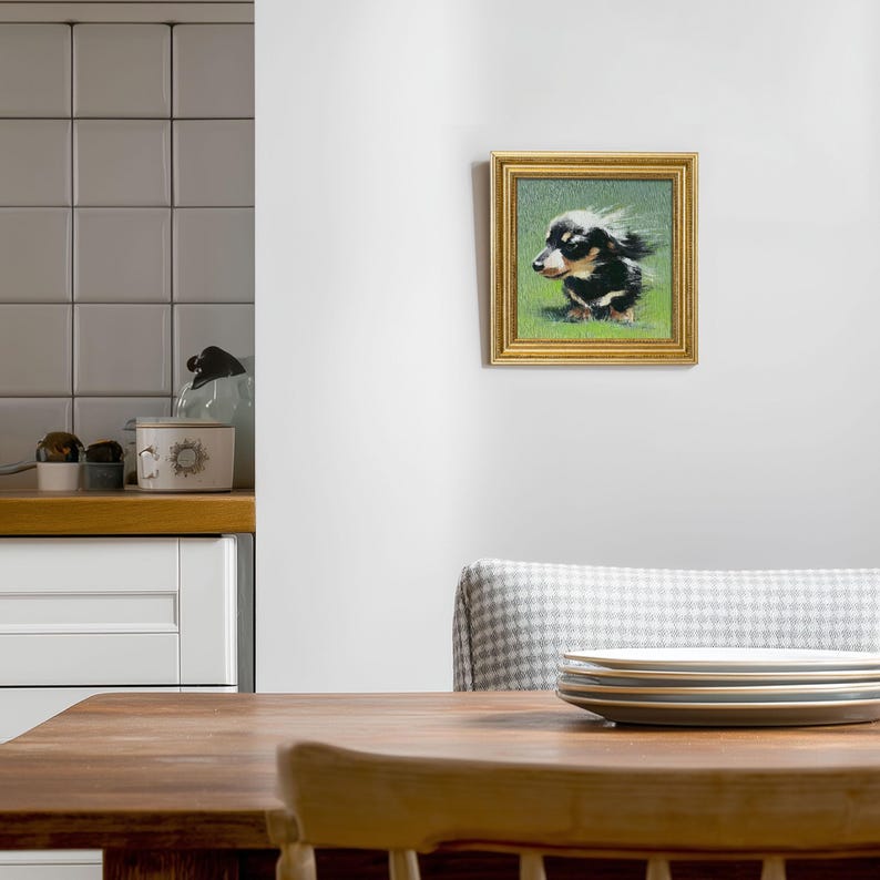 Mini Dachshund Oil Painting in Gold Frame: Hand-Painted Puppy Art