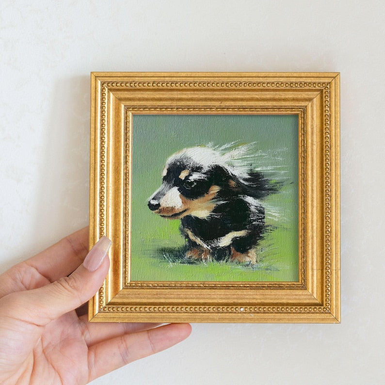 Mini Dachshund Oil Painting in Gold Frame: Hand-Painted Puppy Art