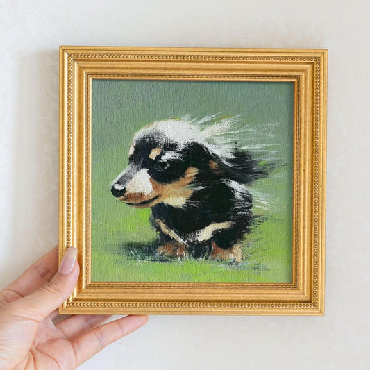 Mini Dachshund Oil Painting in Gold Frame: Hand-Painted Puppy Art