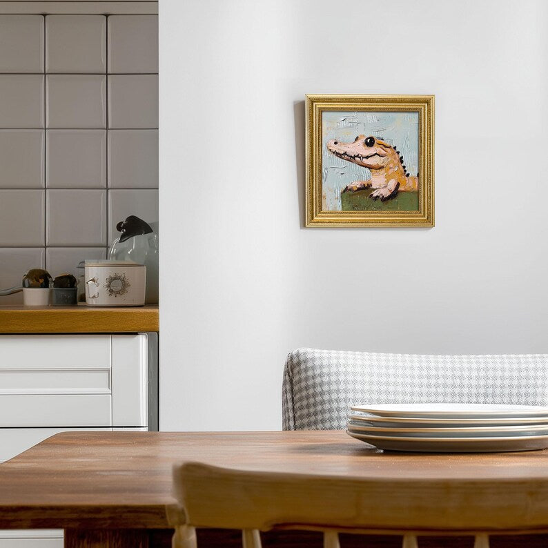 Mini Crocodile Oil Painting in Gold Frame: Hand-Painted Nursery Wall Art