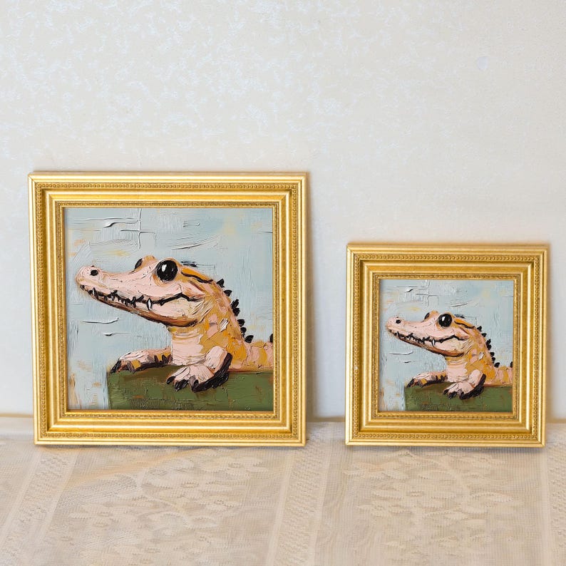 Mini Crocodile Oil Painting in Gold Frame: Hand-Painted Nursery Wall Art