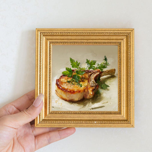 Mini Tomahawk Steak Oil Painting with Gold Frame, Gourmet Meat Lover Kitchen Decor, Hand Painted Wall Art Gift for Chef & BBQ Enthusiast