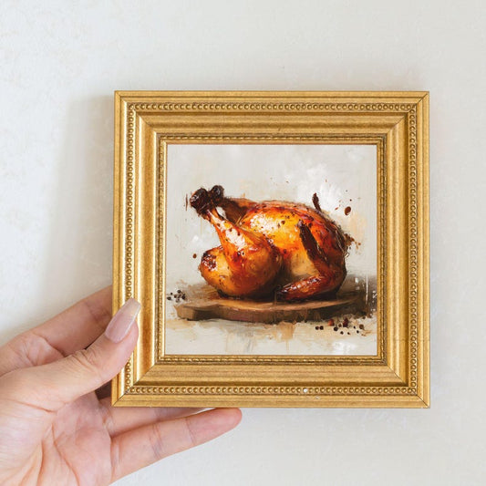 Mini Roast Chicken Oil Painting in Gold Frame: Rustic Kitchen Decor