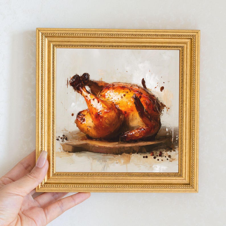Mini Roast Chicken Oil Painting in Gold Frame: Rustic Kitchen Decor