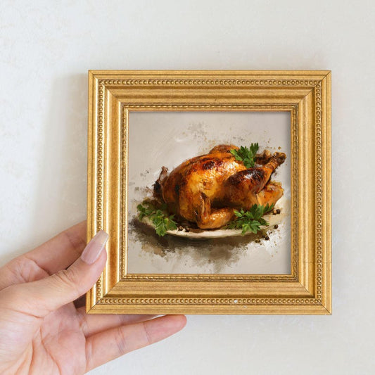 Mini Roast Chicken Oil Painting in Gold Frame: Rustic Kitchen Decor
