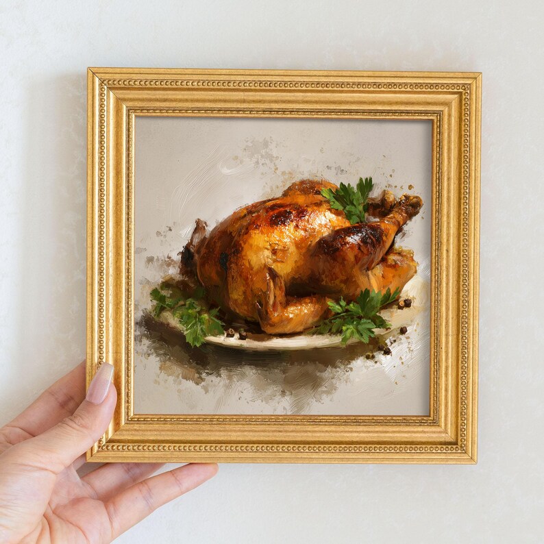 Mini Roast Chicken Oil Painting in Gold Frame: Rustic Kitchen Decor