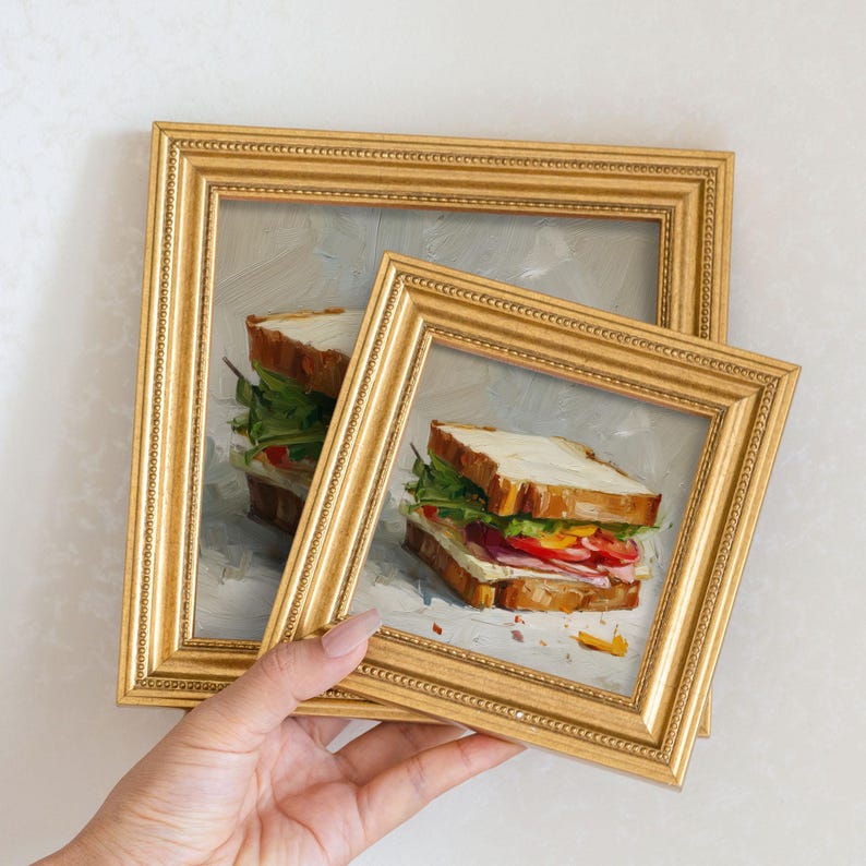 Mini Sandwich Oil Painting in Gold Frame | Small French Bakery Wall Art for Kitchen & Cafe | Still Life Art Gift for Wall Art Decor Lover