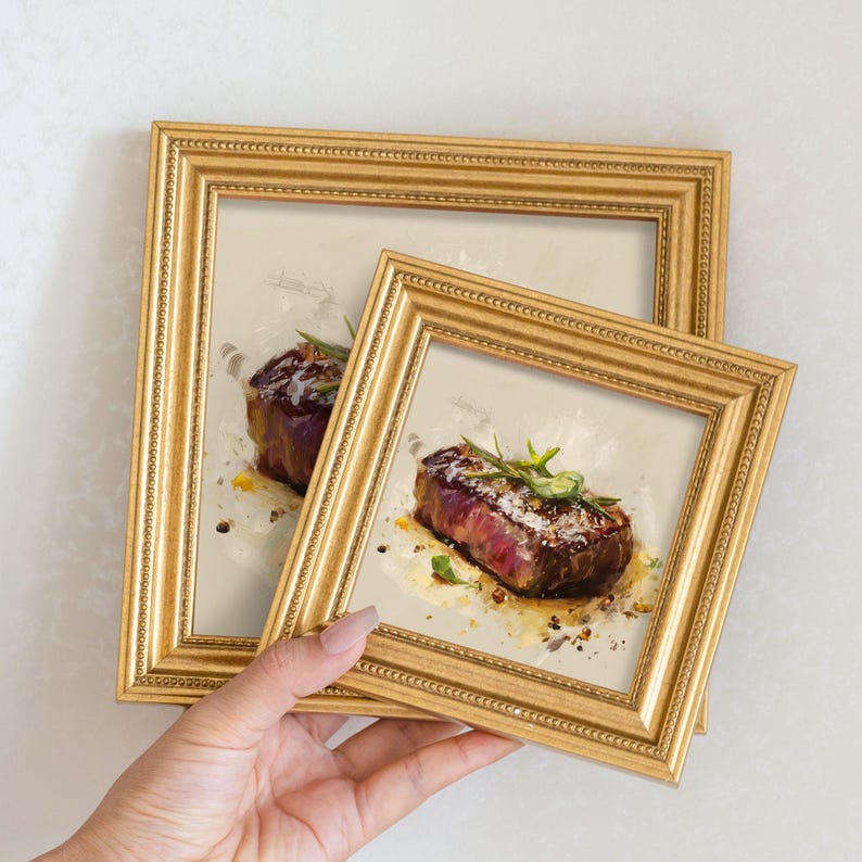 Mini Juicy Steak Oil Painting in Gold Frame, Small Realistic Meat Wall Art for Kitchen & Cafe, Still Life Art Gift for Gourmet Food Lover