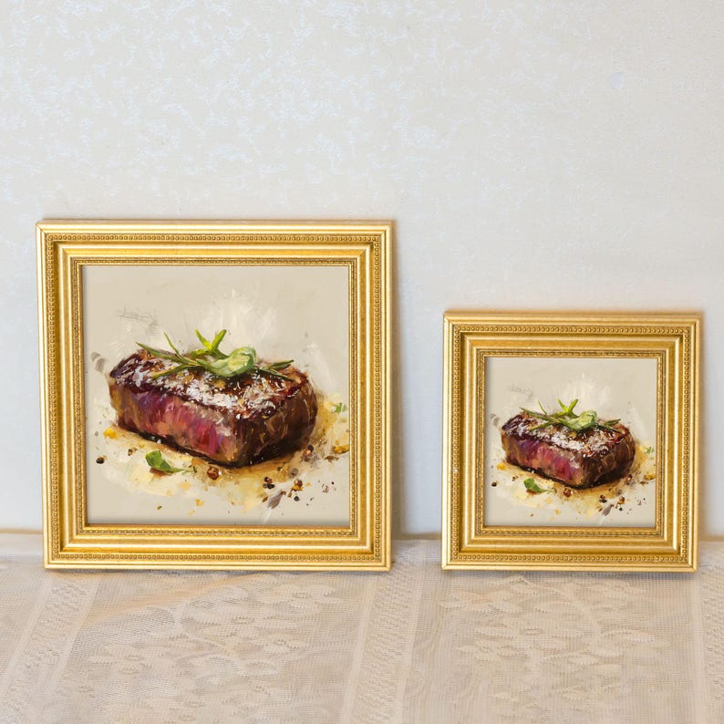Mini Juicy Steak Oil Painting in Gold Frame, Small Realistic Meat Wall Art for Kitchen & Cafe, Still Life Art Gift for Gourmet Food Lover