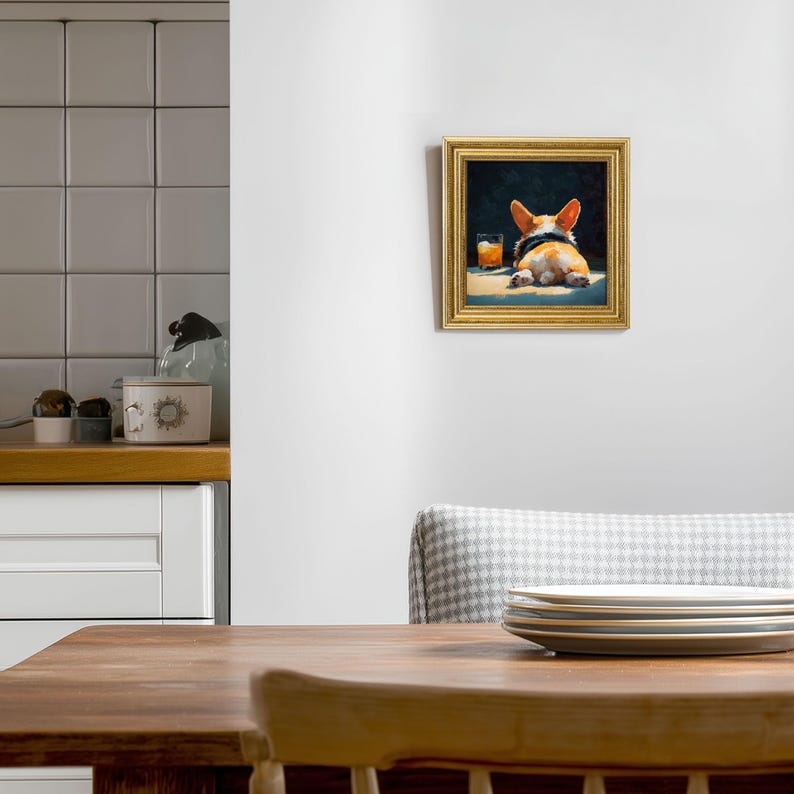 Mini Corgi Oil Painting in Gold Frame, Hand-Painted Puppy Wall Art for Home, Office, Bar & Gift for Dog Lovers and Pet Lovers