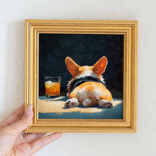 Mini Corgi Oil Painting in Gold Frame, Hand-Painted Puppy Wall Art for Home, Office, Bar & Gift for Dog Lovers and Pet Lovers