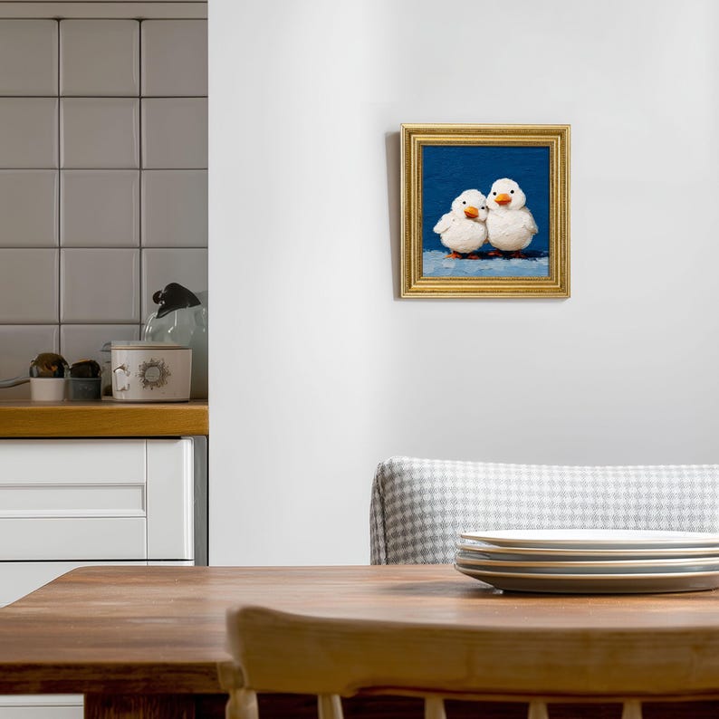 Mini Duck Couple Oil Painting: Hand-Painted Goose Art in Gold Frame