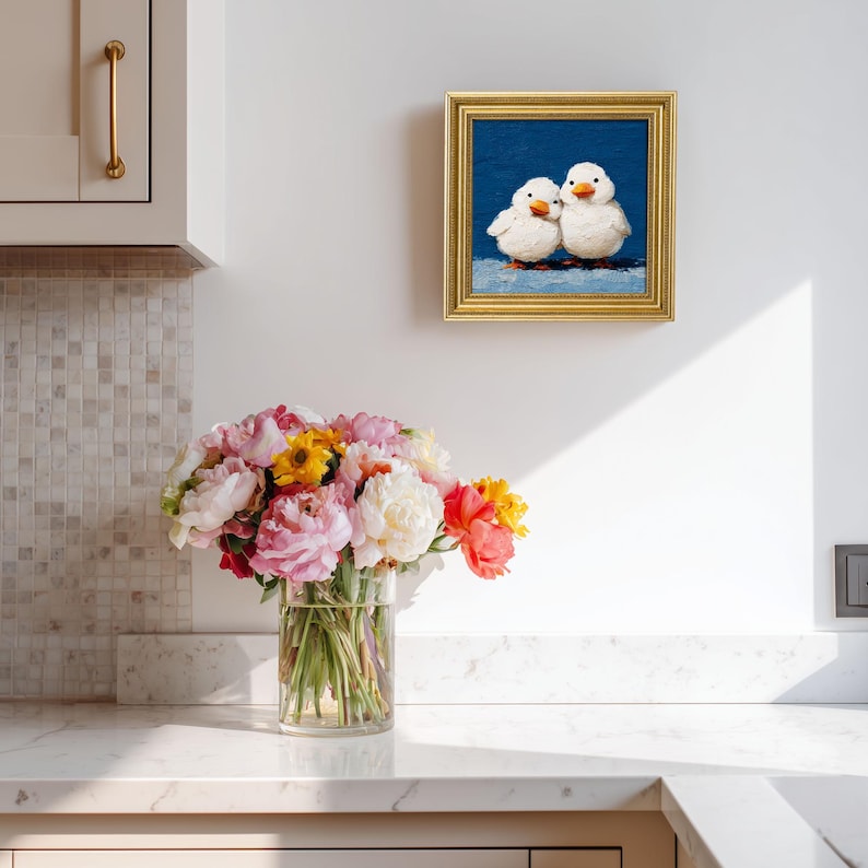 Mini Duck Couple Oil Painting: Hand-Painted Goose Art in Gold Frame