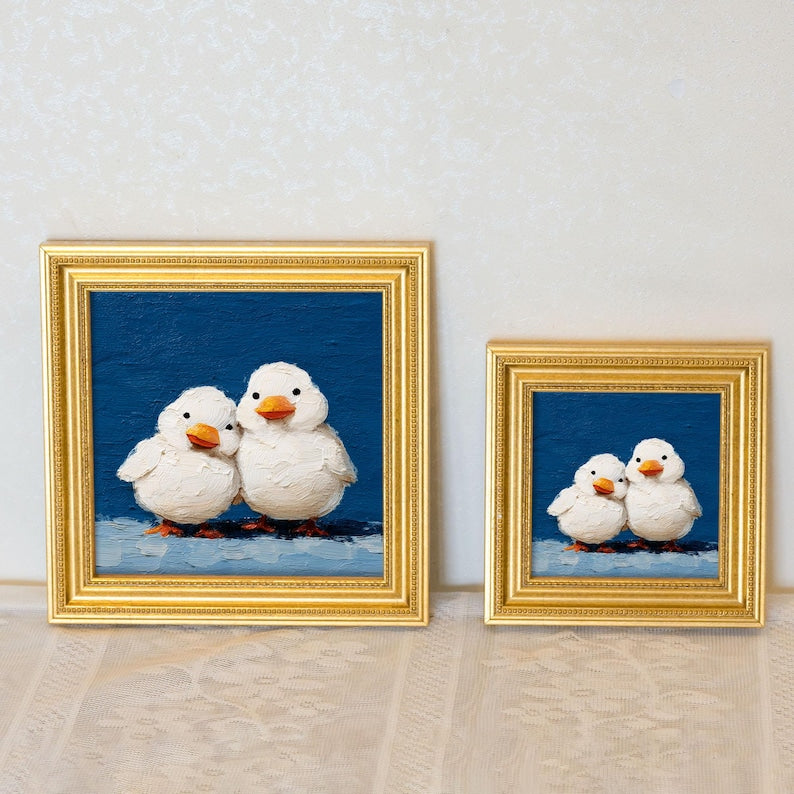 Mini Duck Couple Oil Painting: Hand-Painted Goose Art in Gold Frame