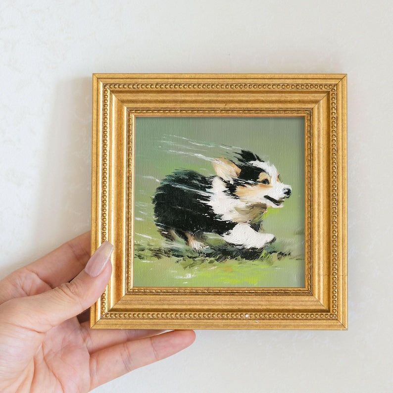 Mini Corgi Oil Painting in Gold Frame: Hand-Painted Dog Wall Art
