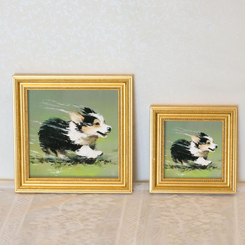 Mini Corgi Oil Painting in Gold Frame: Hand-Painted Dog Wall Art