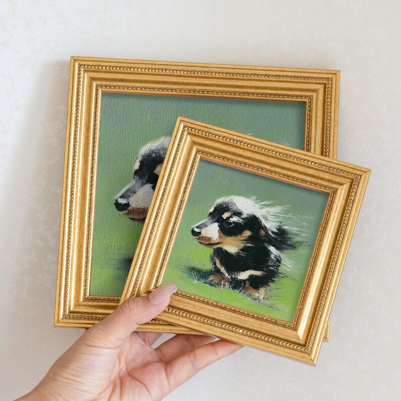 Mini Dachshund Oil Painting in Gold Frame: Hand-Painted Puppy Art