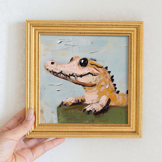 Mini Crocodile Oil Painting in Gold Frame: Hand-Painted Nursery Wall Art