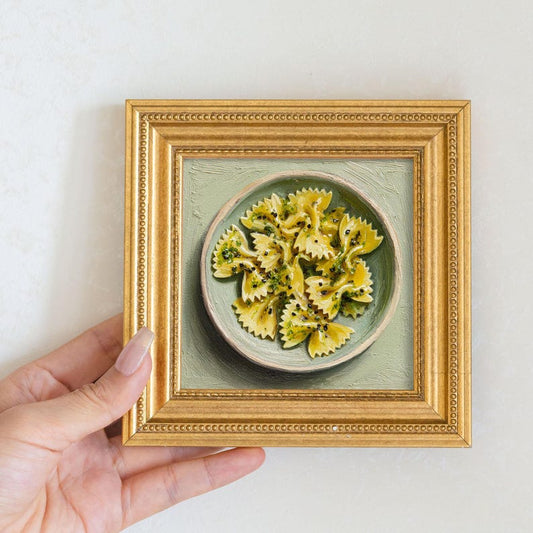 Miniature Farfalle Pasta Oil Painting in Gold Frame: Italian Kitchen Art