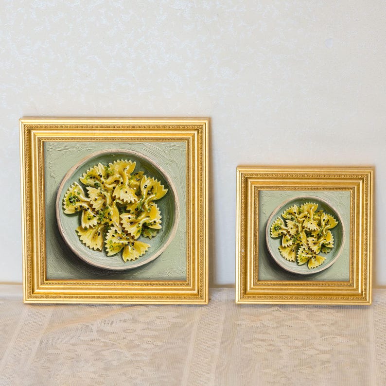 Miniature Farfalle Pasta Oil Painting in Gold Frame: Italian Kitchen Art