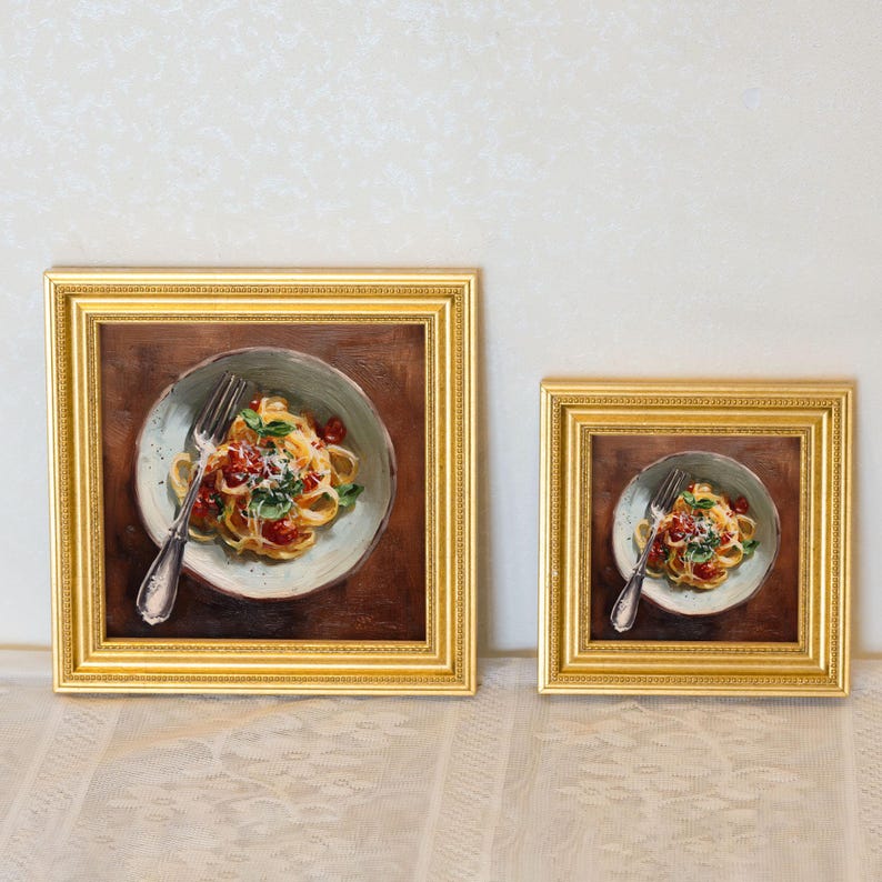 Mini Oil Painting of Farfalle Pasta in Gold Frame, Realistic Dining Art for Italian Kitchen & Cafe Decor, Still Life Art Gift for Him or Her