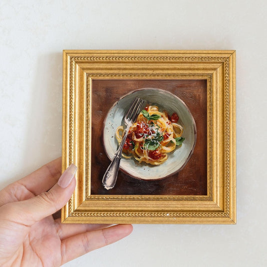 Mini Oil Painting of Farfalle Pasta in Gold Frame, Realistic Dining Art for Italian Kitchen & Cafe Decor, Still Life Art Gift for Him or Her