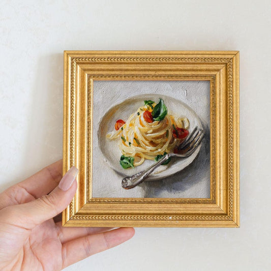 Mini Oil Painting of Farfalle Pasta in Gold Frame, Realistic Dining Art for Italian Kitchen & Cafe Decor, Still Life Art Gift for Him or Her