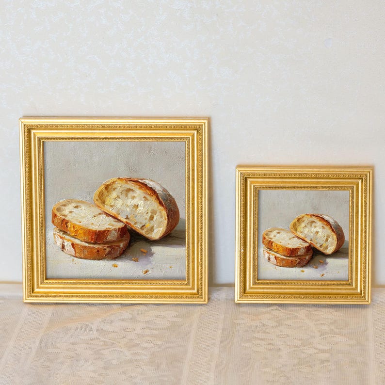 Small Rustic Bread Loaf Oil Painting in Gold Frame, Still Life Art Gift for Him or Her, Original Painting for French Kitchen and Bar Decor
