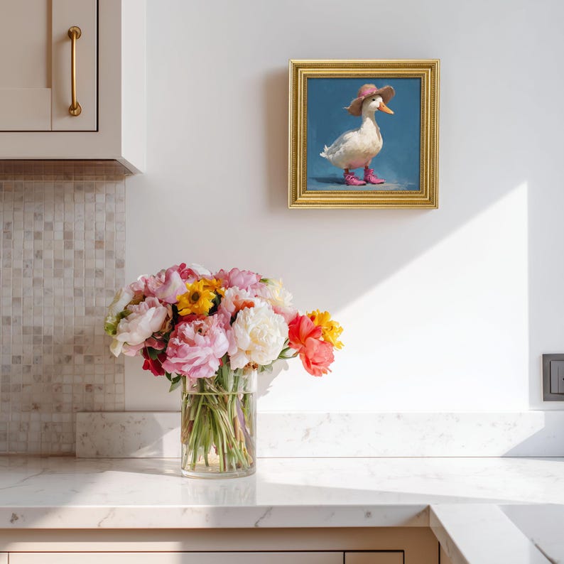 Mini Goose Oil Painting in Gold Frame: Hand-Painted Nursery Wall Art
