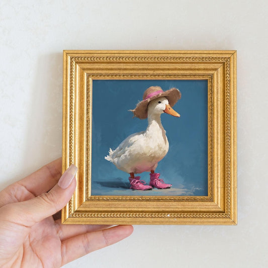 Mini Goose Oil Painting in Gold Frame: Hand-Painted Nursery Wall Art