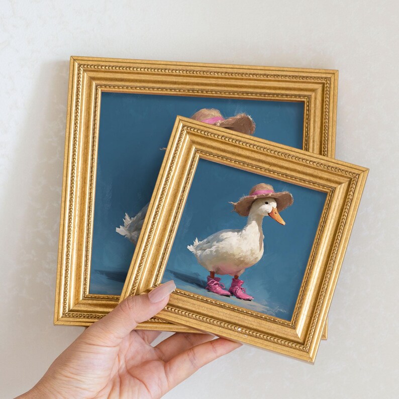 Mini Goose Oil Painting in Gold Frame: Hand-Painted Nursery Wall Art