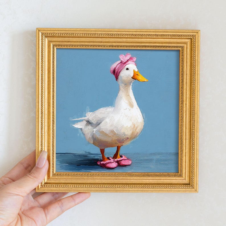 Mini Goose Oil Painting in Gold Frame: Hand-Painted Nursery Wall Art