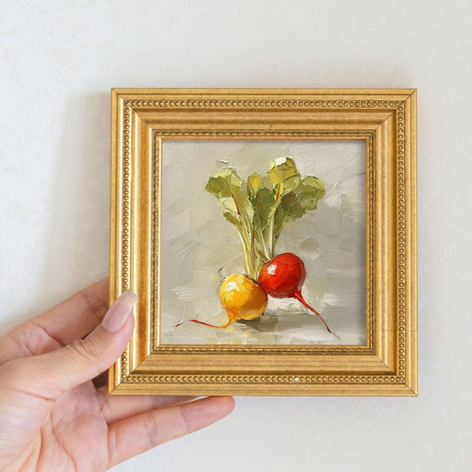 Still Life Radish Oil Painting : Rustic Kitchen Wall Art Decor, 5X5 Canvas Artwork