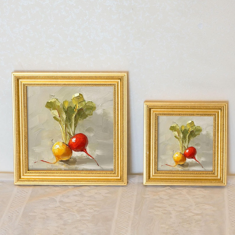 Still Life Radish Oil Painting : Rustic Kitchen Wall Art Decor, 5X5 Canvas Artwork