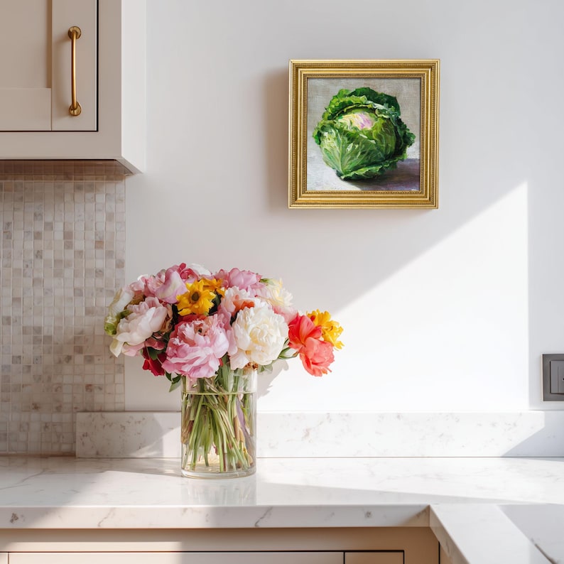 Mini Cabbage Oil Painting in Gold Frame: Rustic Kitchen Still Life