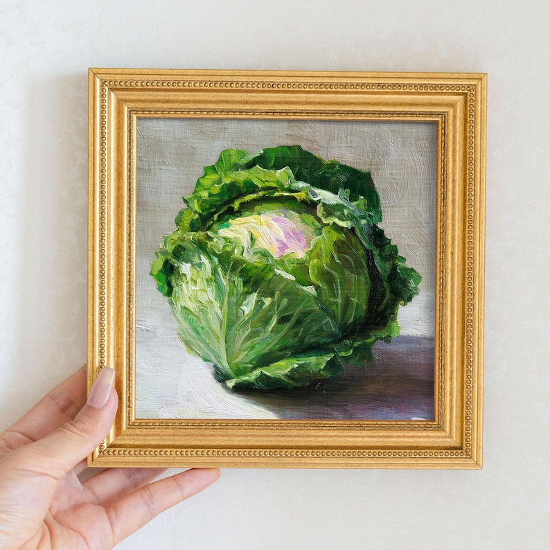 Mini Cabbage Oil Painting in Gold Frame: Rustic Kitchen Still Life