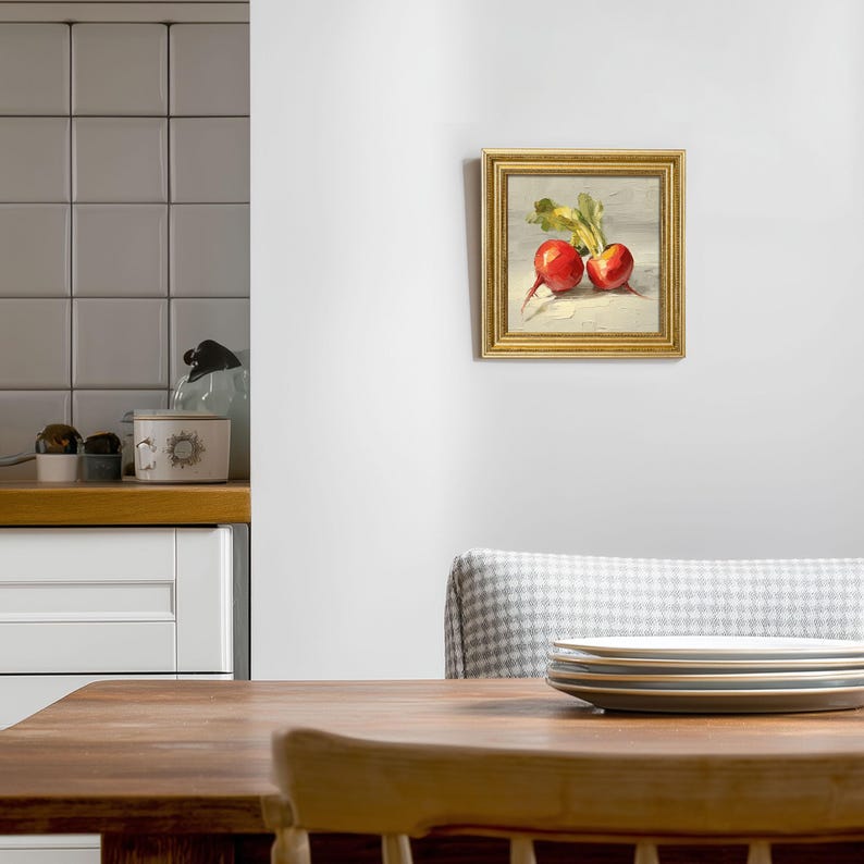 Mini Radish Oil Painting in Gold Frame: Rustic Kitchen Wall Art