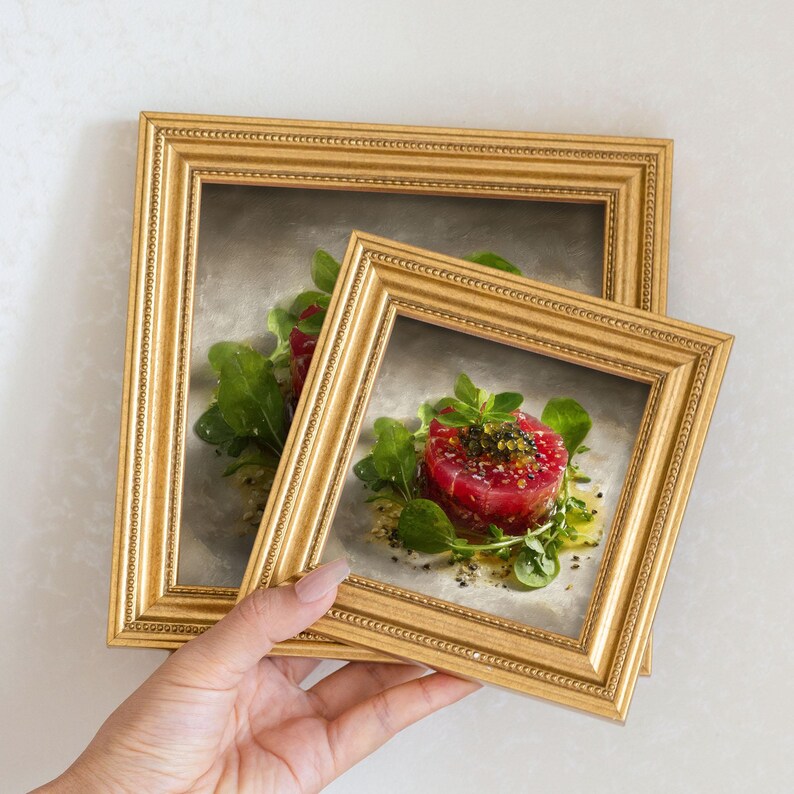 Mini Tuna Tartare Oil Painting in Gold Frame: Kitchen Still Life Art