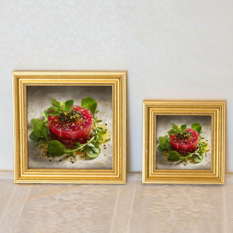 Mini Tuna Tartare Oil Painting in Gold Frame: Kitchen Still Life Art